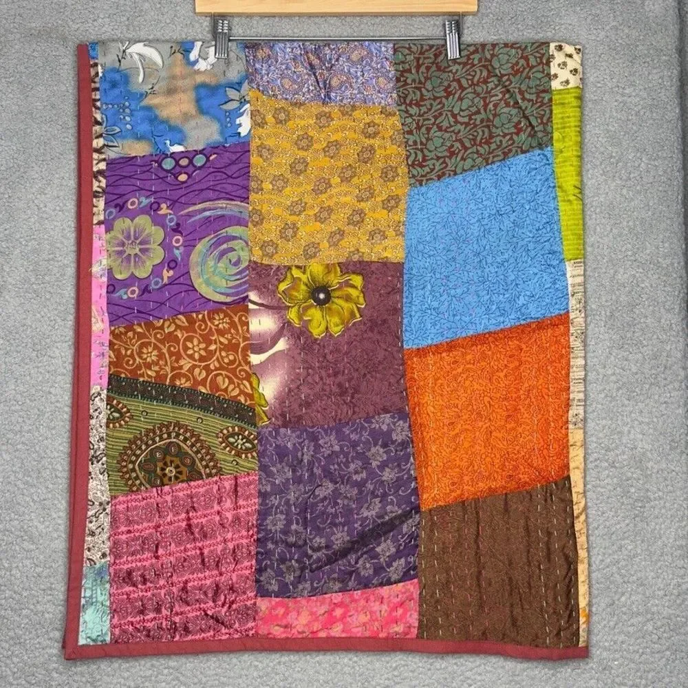 Hand Stitched Quilt Blanket Patchwork Multicolor Rust Fall Tones 59